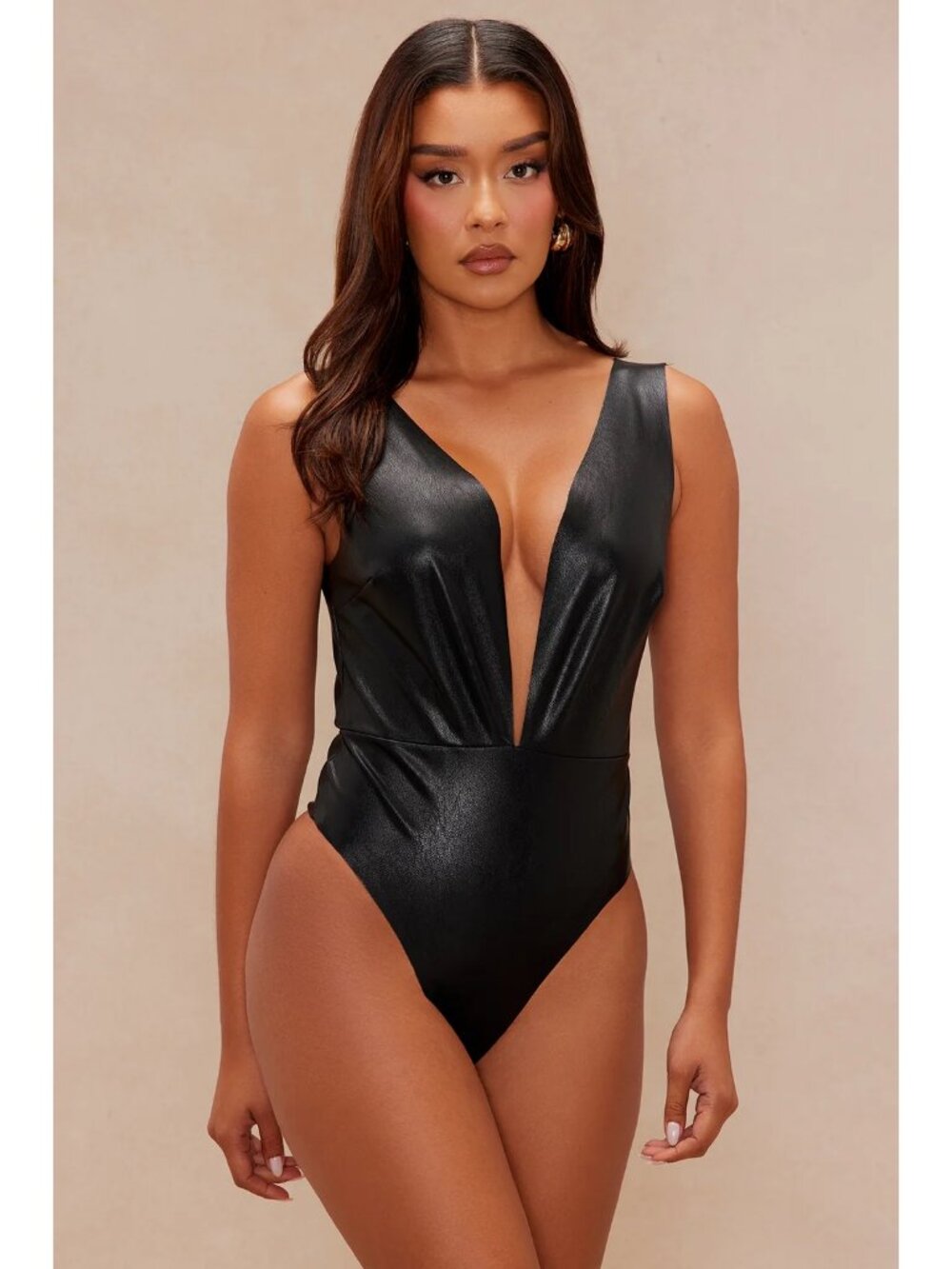 FashionNova LUXE - New NWT- Black Sleeveless Faux Vegan Leather Bodysuit - Large